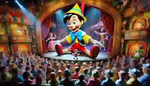 Pinocchio performing on stage at the puppet show.