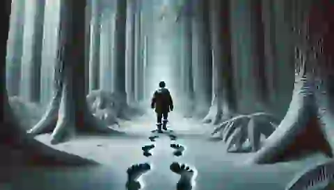 Awan walking through a snow-covered forest, following large, mysterious footprints.