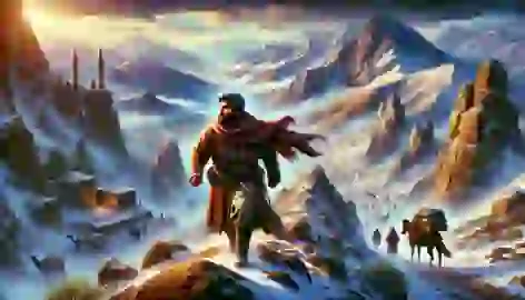  Arash climbs a snowy mountain path, battling harsh winds as he ascends.