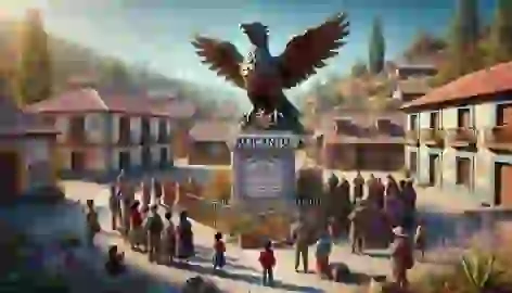  Villagers gather around the monument to the Alicanto in the village square.