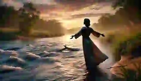 A woman stands by a calm river at sunset, with arms raised slightly, surrendering to the peaceful flow of life.