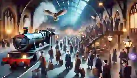 Students in robes arriving at a wizarding school train station, with a steam train and magical creatures.