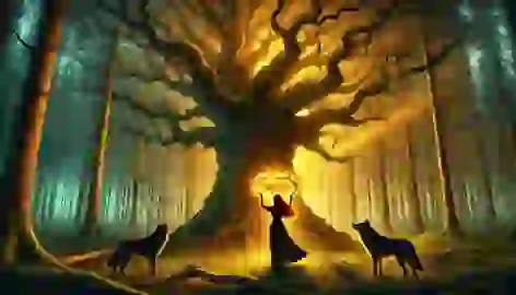 A young woman places a glowing crown on her head beneath a massive oak tree, surrounded by watching wolves.