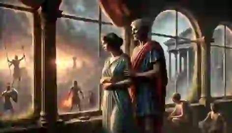 Pandora and Epimetheus stand together in their Greek home, reflecting on the chaos outside but holding on to hope.