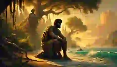 Odysseus gazes out at the sea from the shore of Ogygia, while Calypso stands behind him, sorrowful but resigned.