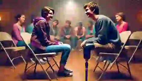 Hazel and Augustus meet for the first time in a cancer support group, surrounded by other teens in a dimly lit room.