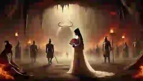 The Iron Fan Princess stands heartbroken as her husband, Niu Mowang, walks away in betrayal at the Fire Cloud Cave.