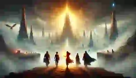 The adventurers walk away from the Temple of Eternity, with Serene holding the glowing Lorian Crystal, partly glowing herself.