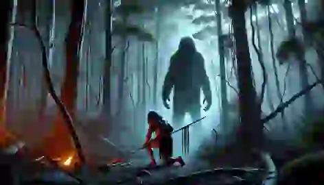 Walu kneels before the towering Yowie, offering his spear in surrender in a shadowy Australian forest at twilight.