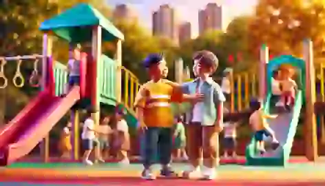 A child stands up for a friend on a playground, offering support and comfort.