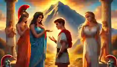 Paris, the Trojan prince, stands before the goddesses Hera, Athena, and Aphrodite as they present their offers.