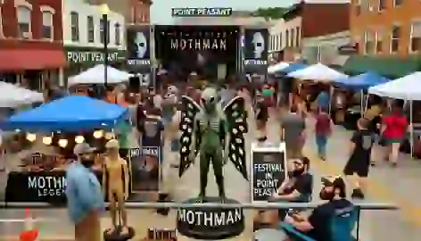 A lively Mothman Festival in Point Pleasant with vendors, visitors, and Mothman-themed decorations in celebration.