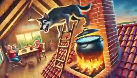  The wolf climbing down the chimney into a boiling pot.