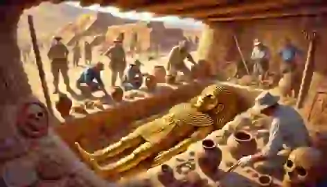 Archaeologists carefully excavate the tomb of the Lord of Sipán, revealing gold artifacts and ceremonial objects.