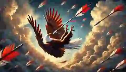 An eagle falling from the sky after being struck by an arrow.