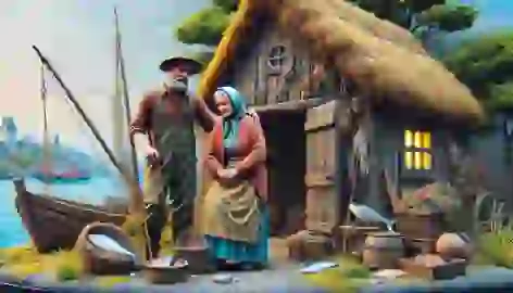 The fisherman and his wife in front of their old hovel, looking humbled and reflective.