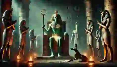 Osiris seated on his throne in the underworld, flanked by Anubis and Thoth, preparing to weigh a soul