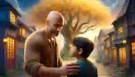 Hasan Kachal, bald and determined, placing a reassuring hand on the shoulder of the young boy who dreams of adventure.