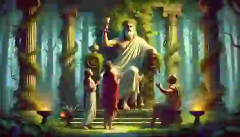 Theron and Callista stand before Dionysus, seated on a throne of vines in a mystical Greek forest temple.