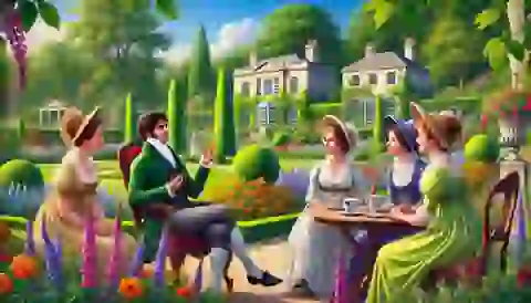 Mr. Wickham charmingly conversing with the Bennet sisters in a garden.