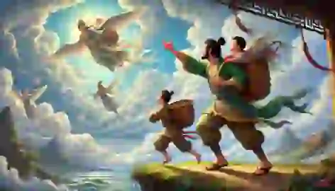 Niulang, carrying his children in baskets, flies toward the heavens to reunite with Zhinu