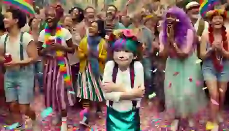 Julian, dressed as a mermaid, joins a colorful neighborhood parade celebrating diversity.