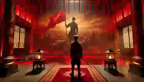 Lin Wei holds a blood-stained sword while witnessing a vision of a battlefield inside the Red Chamber.