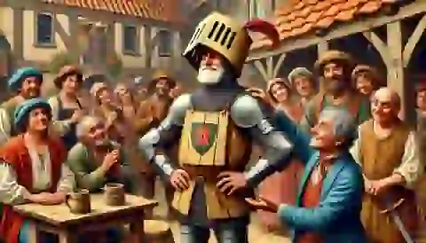 The Knight being mock-knighted by the innkeeper, with The Squire and inn guests watching.