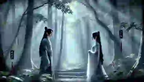 Wei and Mei meet in a forest clearing, sunlight filtering through the trees, sharing a magical moment of connection.