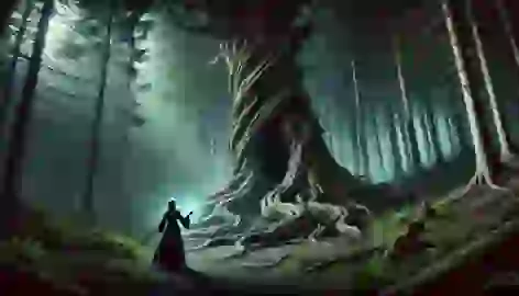 Lyra cautiously approaches a massive, twisted tree in a dark forest clearing, sensing its dark, magical energy.