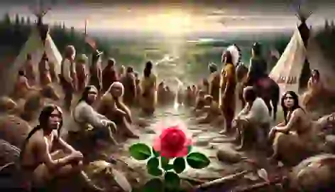 Cherokee people arriving at their new land with a Cherokee Rose blooming in the foreground.