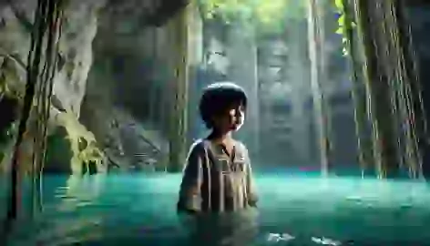 A young Mayan boy stands at the edge of a turquoise cenote, surrounded by jungle foliage and ancient stone carvings