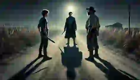 Three men, including Dahlmann, stand in a circle on a rural road, preparing for a knife duel under the moonlight.