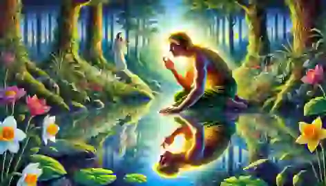 Narcissus kneels by a clear pool, enchanted by his reflection, while Echo watches sorrowfully from a distance.