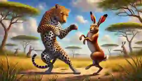 The Leopard struggles to dance while the Hare twirls gracefully, showcasing his agility.