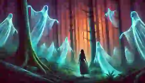 Ghostly figures emerge from a mystical forest as Leona watches in awe, surrounded by an eerie glow in twilight.