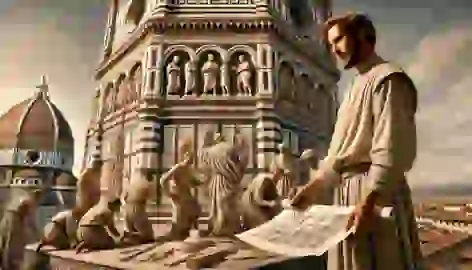 Andrea Pisano supervising the carving of intricate reliefs on the Bell Tower of Giotto during the Renaissance.