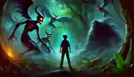 Mateo bravely faces the dark spirits in the forest, with the Duende watching from a distance.