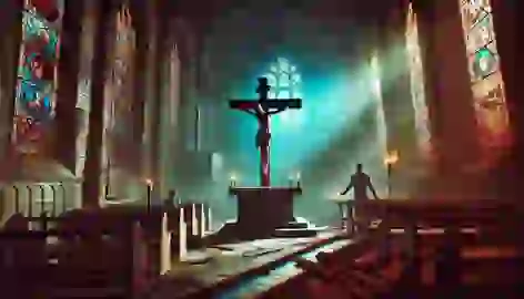 Inside an abandoned church, a cross with an animal skull stands at the altar, with a man and woman standing horrified.