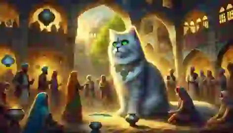 Villagers gather in a Persian marketplace, marveling at the mystical Persian cat with green, gold-flecked eyes.