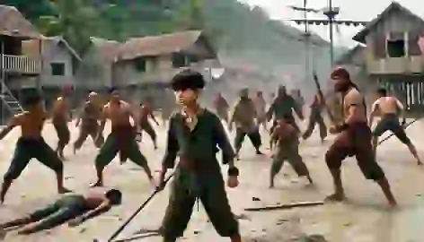 Young Hang Tuah leading villagers against pirates on the beach, holding a spear with fierce determination.