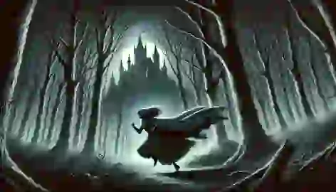 Maude runs through a dark forest, fleeing the castle in fear, with mist surrounding the trees and moonlight breaking through.