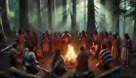  Mapuche villagers led by a shaman, performing ancient rituals around a sacred fire in the forest.