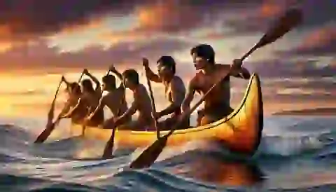 Young Wampanoag men paddling their canoes into the ocean.