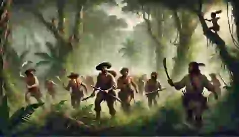 Don Rodrigo leads a group of conquistadors cutting through the dense jungle with machetes.