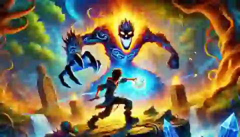 The Artifact of Power: Liam battling the final guardian spirit to obtain the magical amulet. The scene is vibrant with detailed textures, showing the intense battle and the glowing amulet.