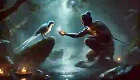 Tama reaches out to pluck a glowing feather from the ancient Moho Taniwha bird by the Sacred Pool.