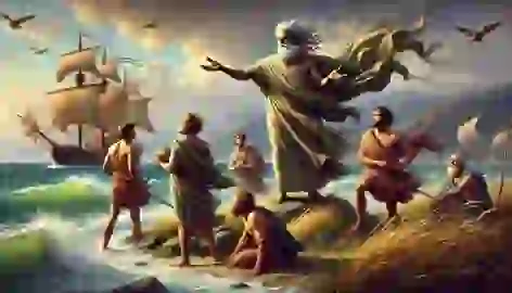 Odysseus and his crew meet Aeolus, the keeper of the winds, on a serene island shore