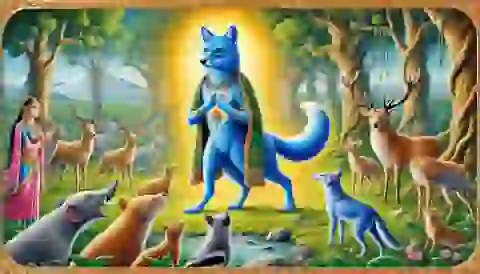 The blue-dyed jackal stood before the animals, claiming to be sent by the gods.