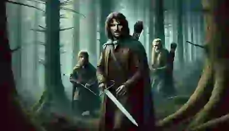 Aragorn, Legolas, and Gimli cautiously advance through a shadowy forest, ready for the dangers lurking around.